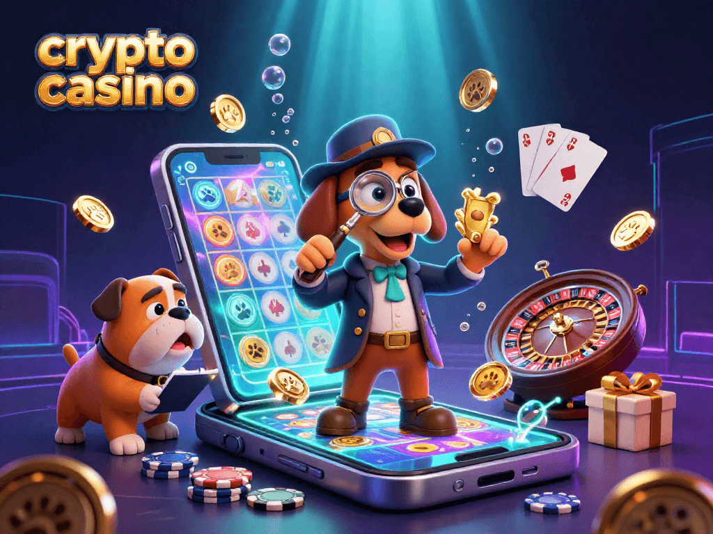 Experience the thrill of a crypto casino as a detective investigates clues in this vibrant 3D illustration.