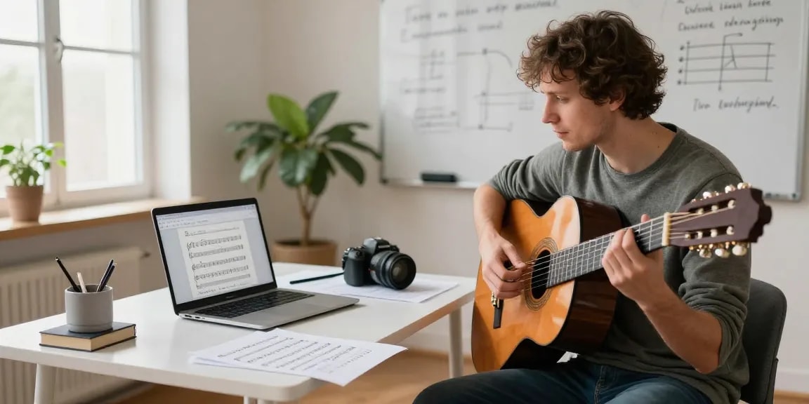 Engaging classical guitar lessons online with a certified instructor and learning materials.