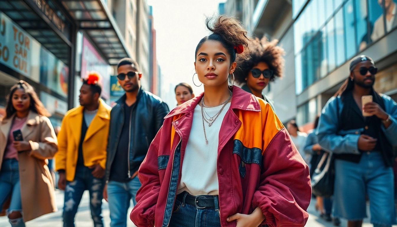 Fashion-forward individuals in a vibrant urban setting showcasing contemporary styles.