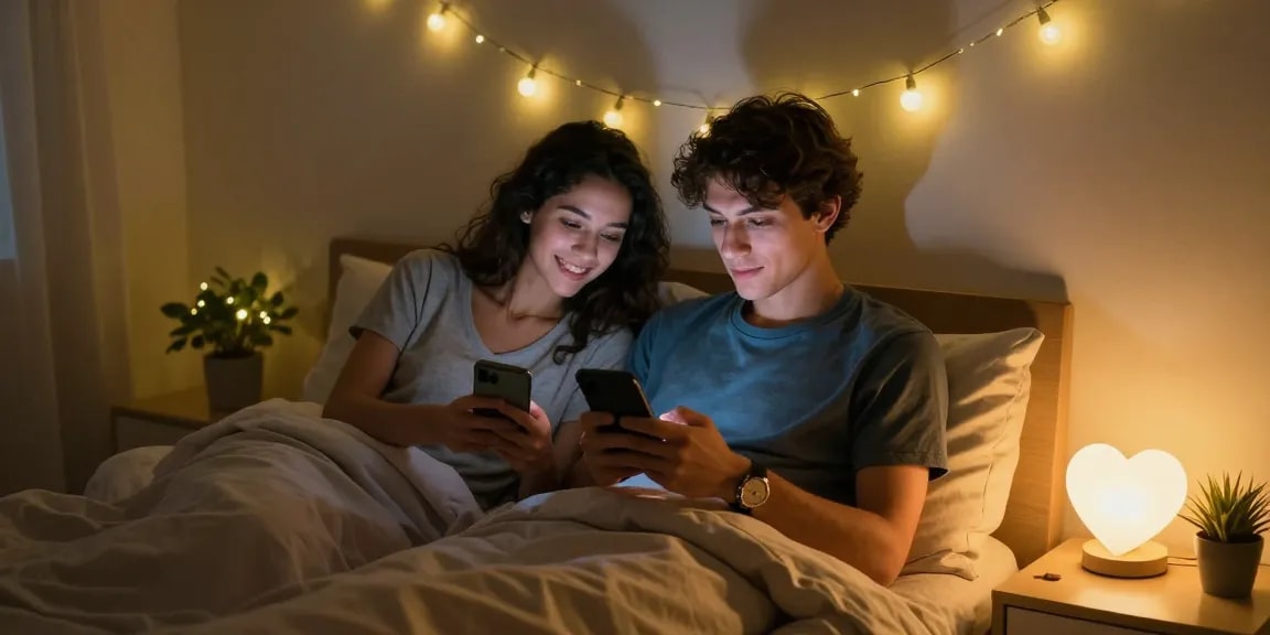 Sexting AI enhances romantic messages in a cozy bedroom setting, showcasing a couple's intimate interaction.