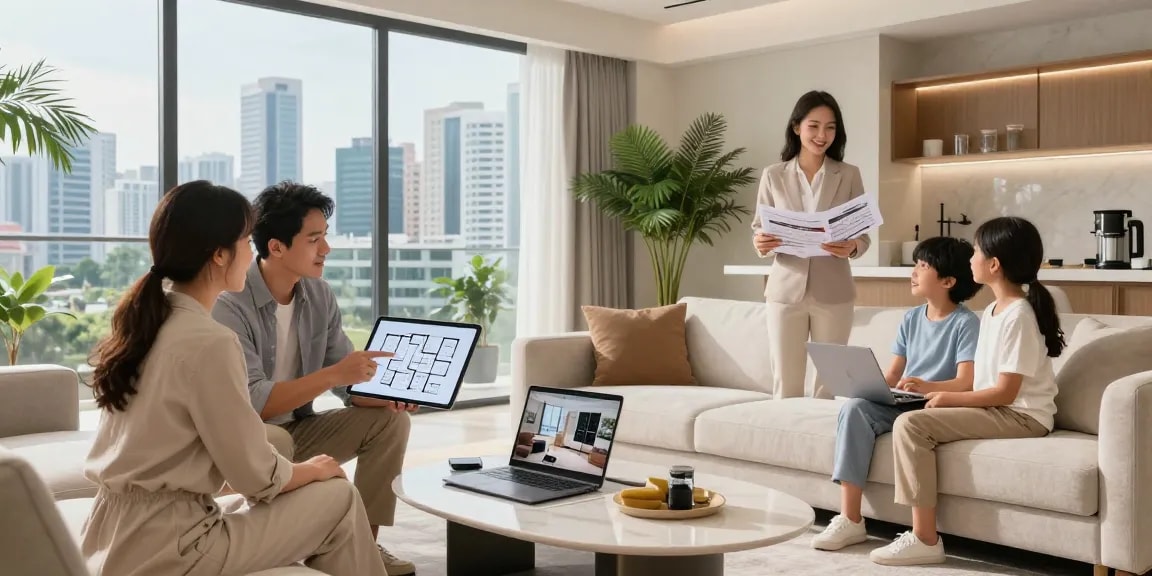 Tanjong Rhu Residences Showflat interior with a couple examining layout plans and a sales representative presenting brochure details.