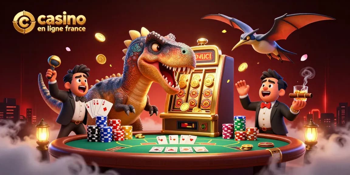 Jouer dans un casino en ligne en France avec une machine à sous dorée et des personnages dynamiques.