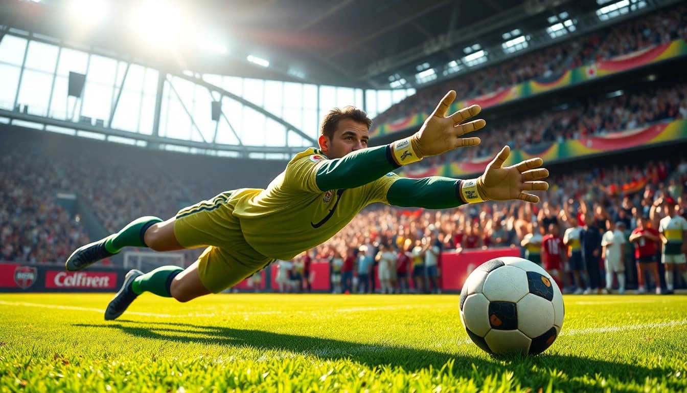 A goalkeeper making a spectacular save during a match, representing บ้านผลบอลสด in action and excitement.