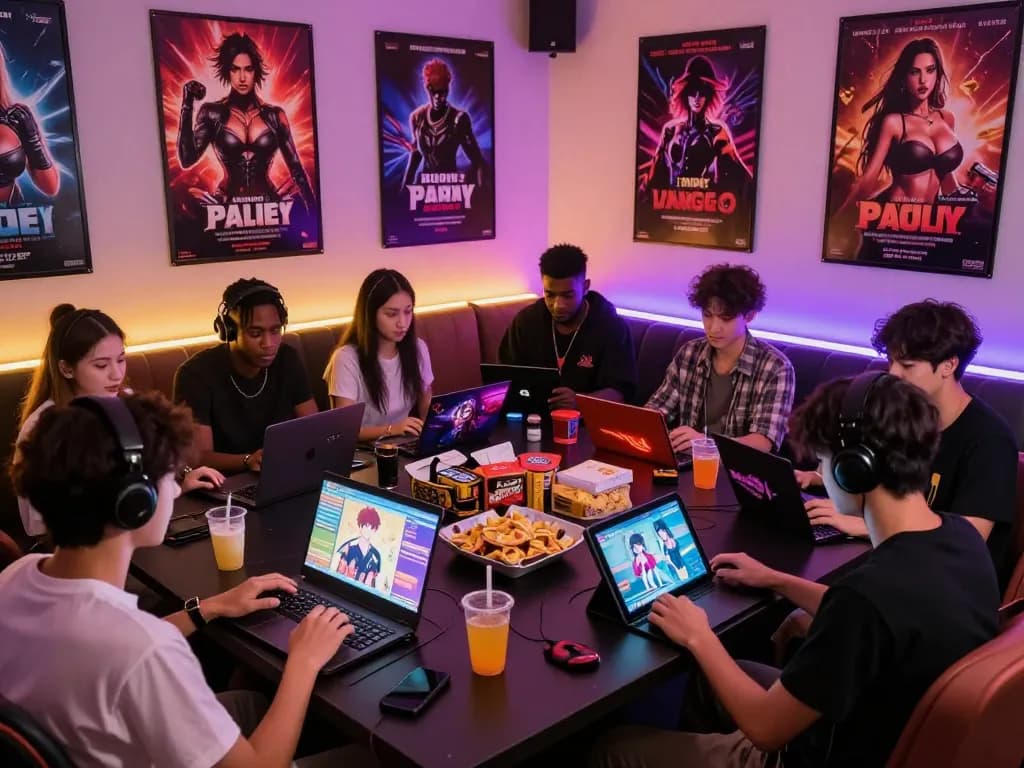 Players immersed in free porn games at a colorful gaming lounge, enjoying a vibrant atmosphere and interactive experiences.