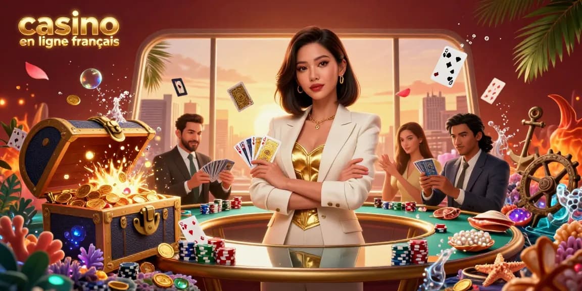 Engagez-vous avec des jeux de haute qualité au casino en ligne francais mettant en vedette une femme asiatique élégante entourée d'éléments de casino.