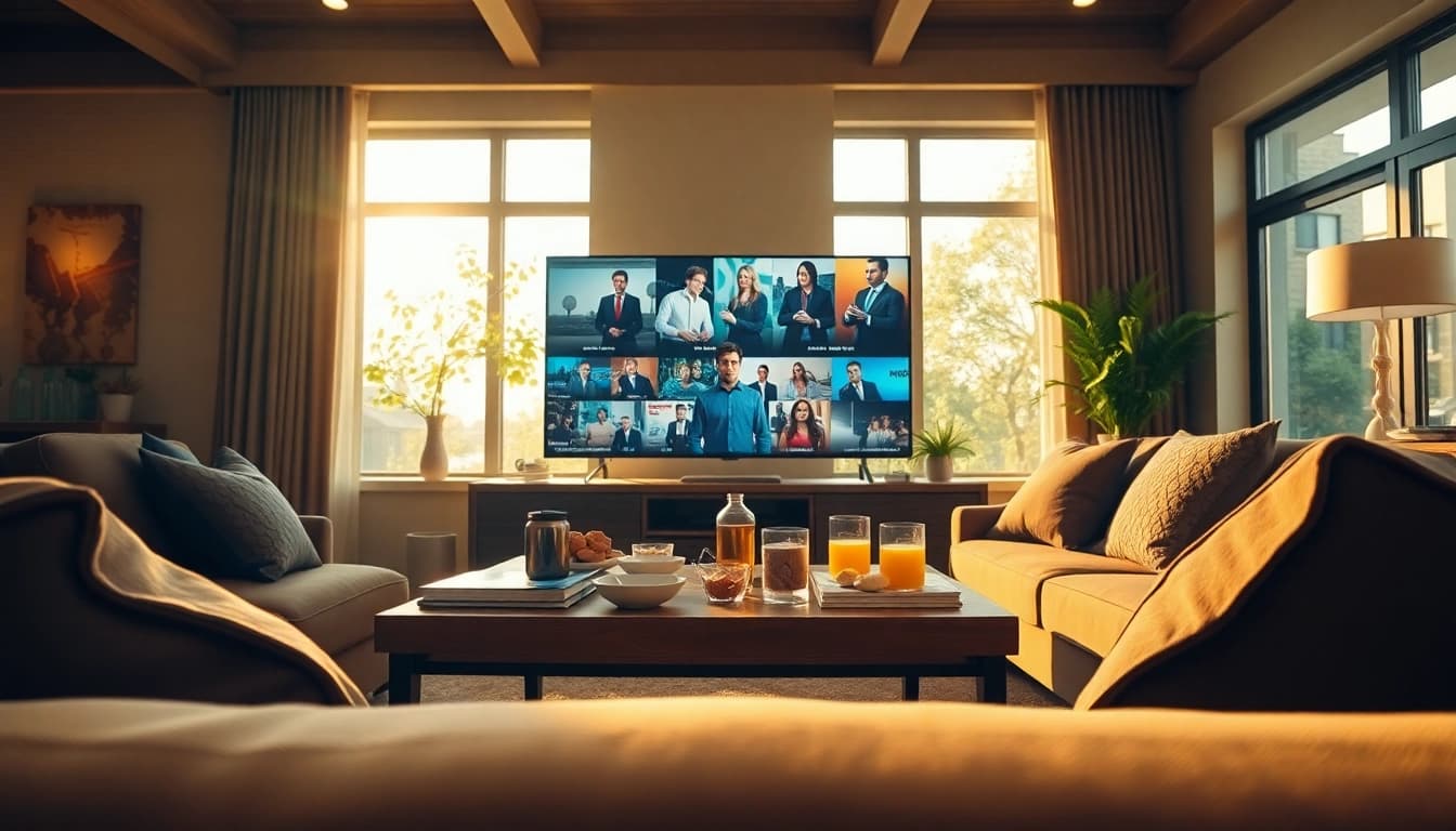Watch full episodes online with a cozy living room setup, large TV displaying popular shows.