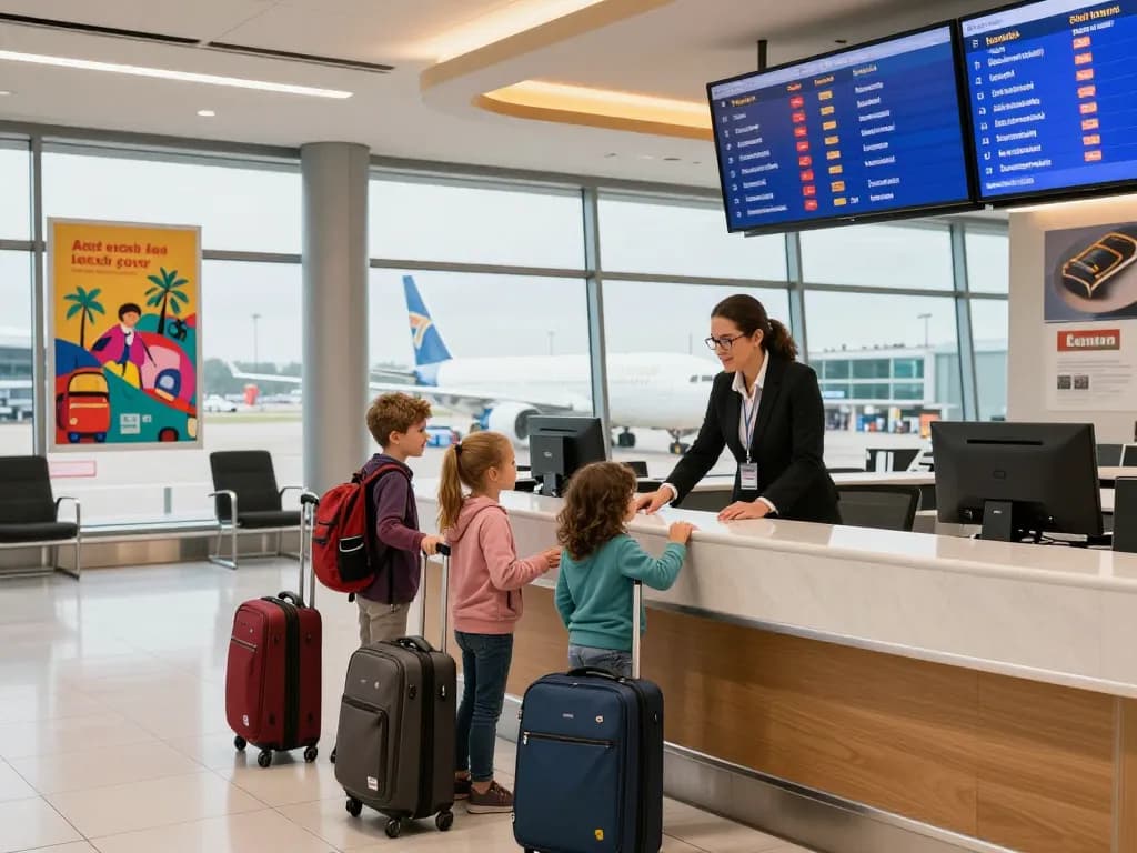 Family checking in at London City Airport from Halifa with bright terminal background.