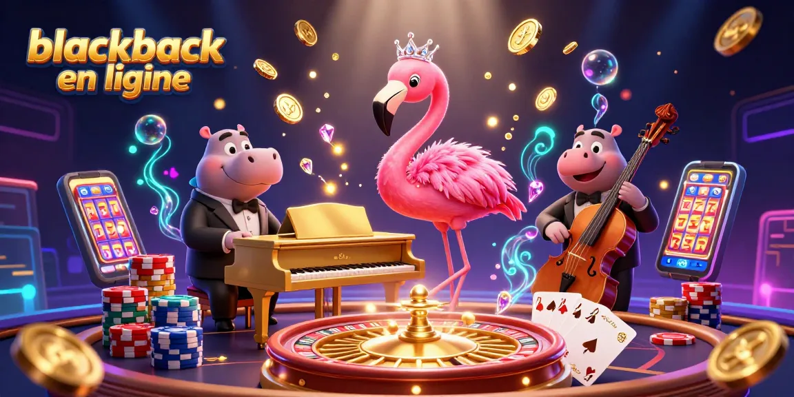 Jouez au blackjack en ligne avec une ambiance de casino animée, remplie de pièces et de cartes.