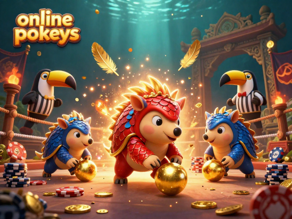 Compete in online pokies with vibrant pangolins rolling chips in a lively casino arena.