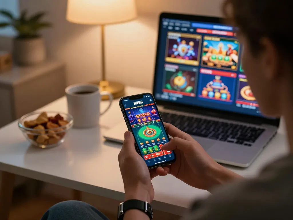 Engaging with the RR88 App for online betting on a smartphone at home, creating a cozy gaming atmosphere.
