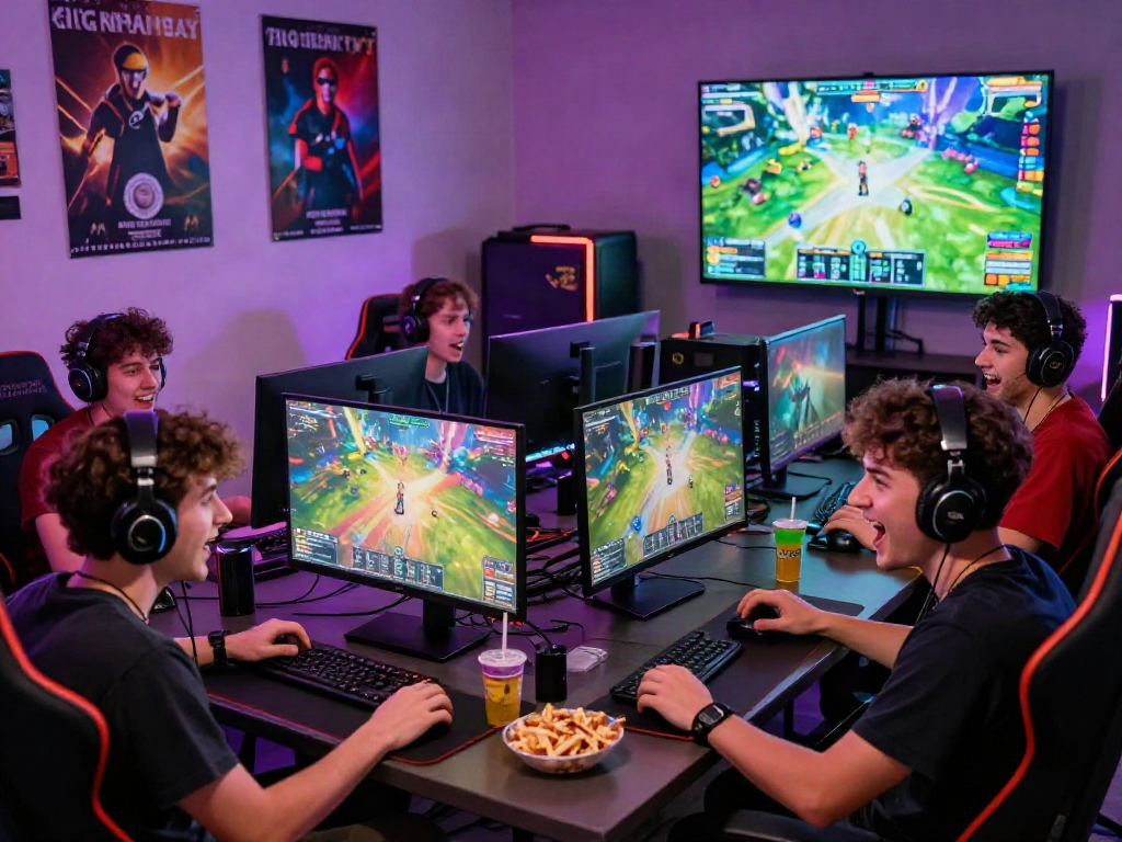 Engaged gamers celebrating a bonus new member gaming session with vibrant screens and snacks.