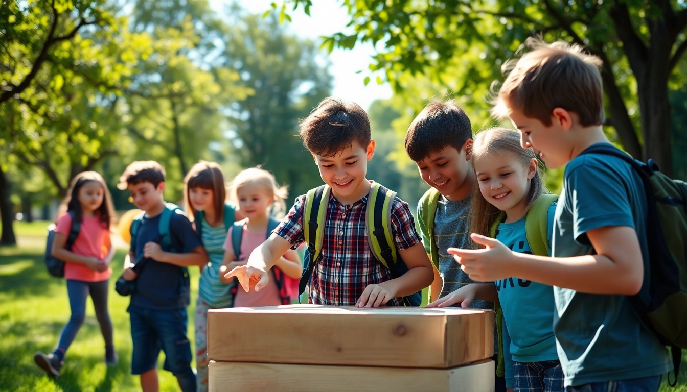 Uczestnicy tropem przygod biorący udział w aktywnościach edukacyjnych na świeżym powietrzu.