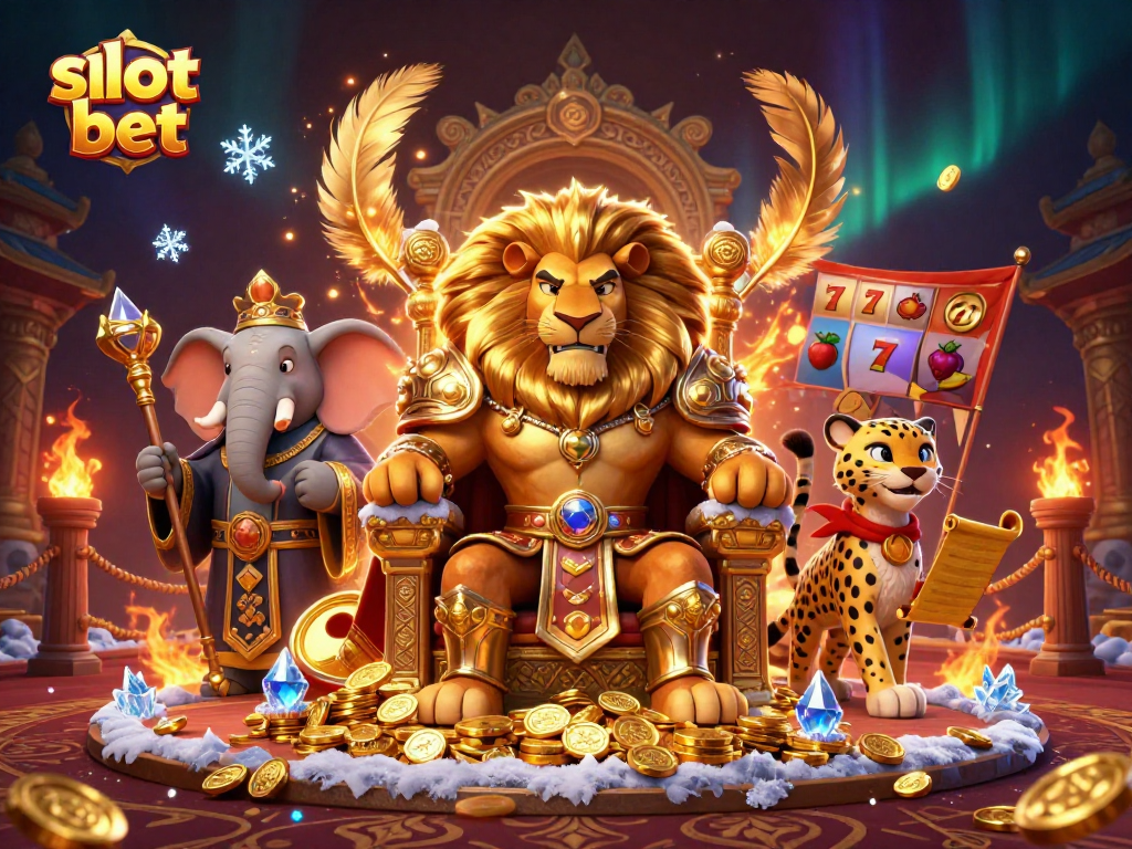 Taruhan slot bet dengan karakter singa, gajah, dan cheetah dalam ilustrasi kasino yang memikat