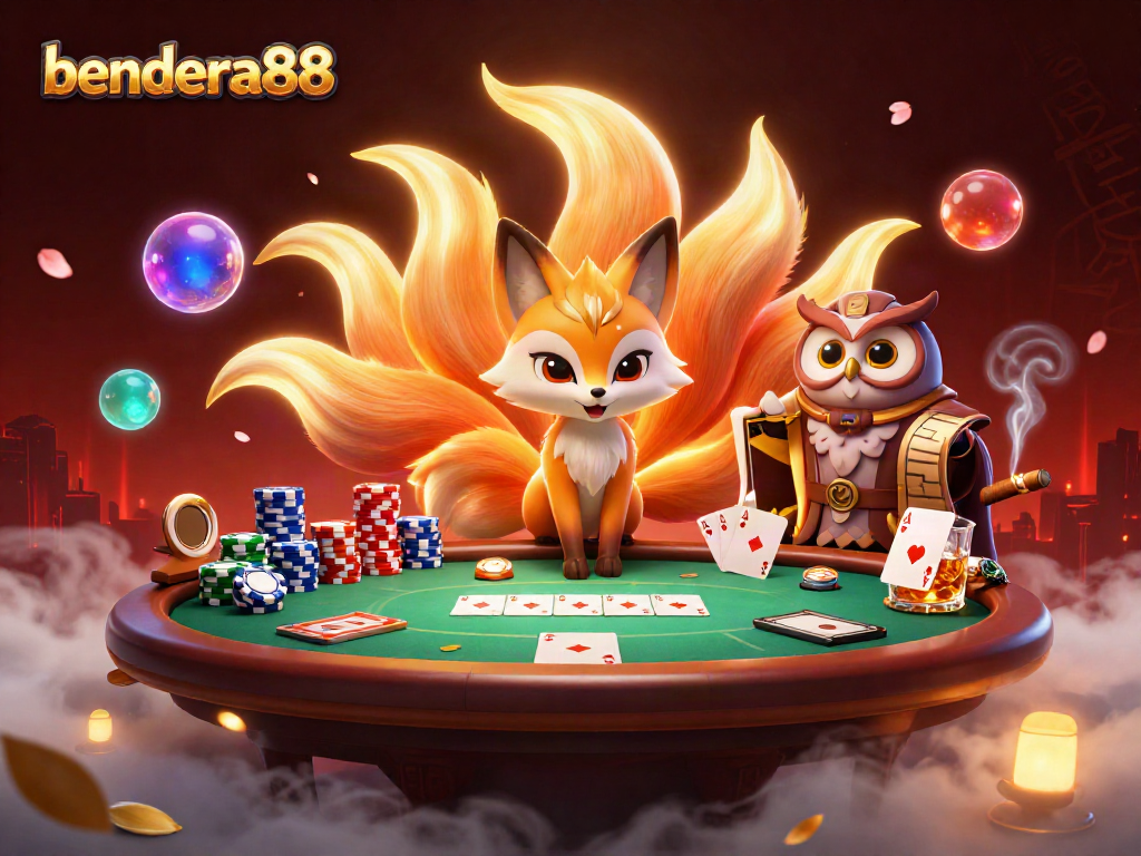 Mencari keberuntungan dengan bendera88 di meja poker yang dikelilingi karakter mistis, cahaya berwarna, dan elemen kasino lainnya.