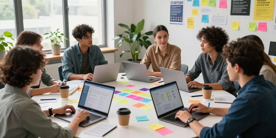 Engaged team at https://www.startsomethingpc.com brainstorming startup ideas in a vibrant workspace.