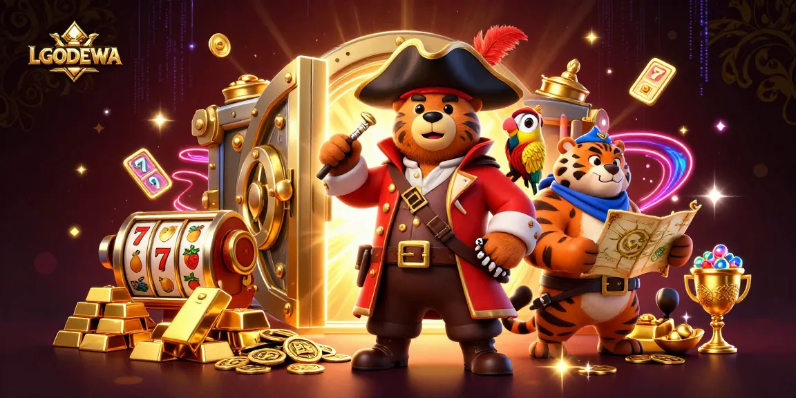 Engage with LGODEWA's vibrant casino scene featuring a bear captain and treasures.