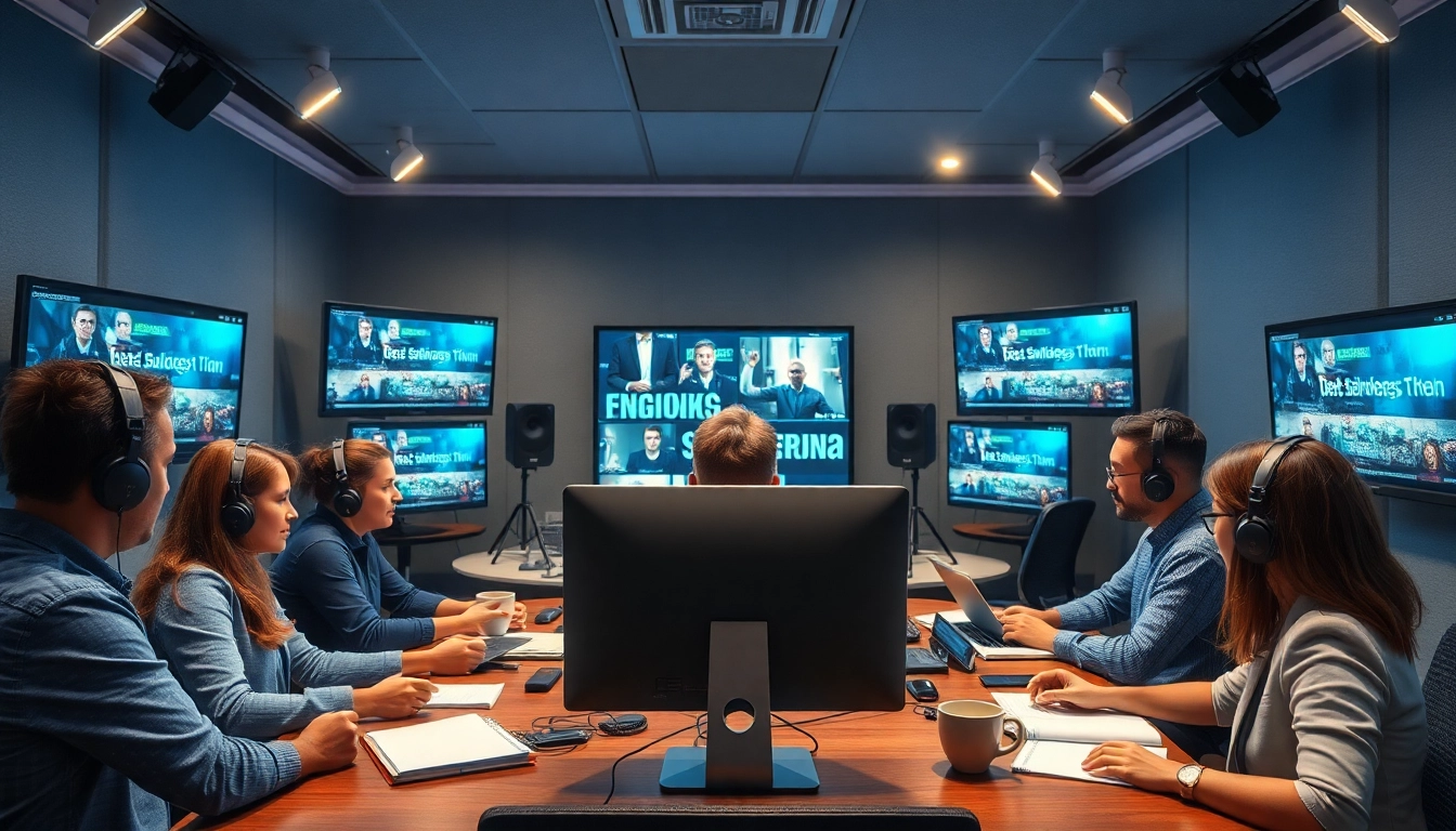 Team engaged in video translation process in a modern studio setting.