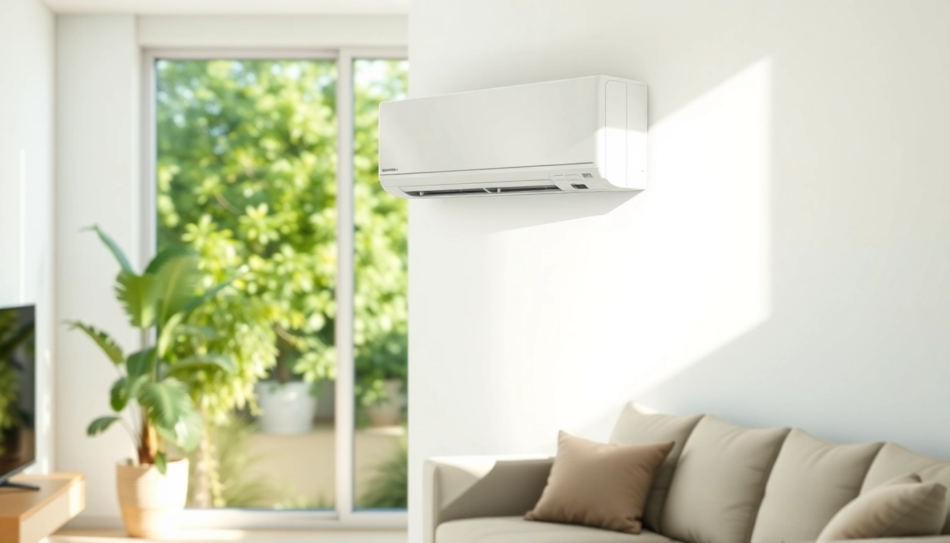 View of a Mitsubishi mini split AC installed in a bright living room setting, showcasing its efficiency and modern design.