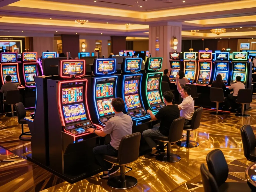 Players celebrating wins at vibrant slot machines on a trusted situs gacor, showcasing thrilling gaming action.