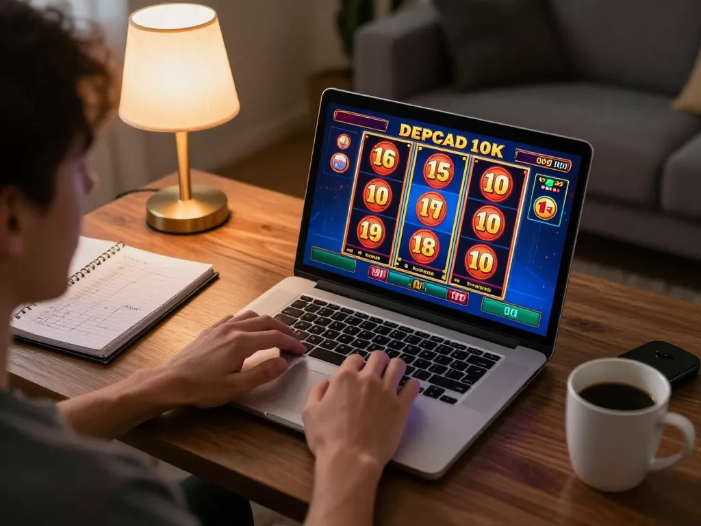 Engaging in slot depo 10k gameplay, a user enjoys an online casino experience in a cozy home setup.