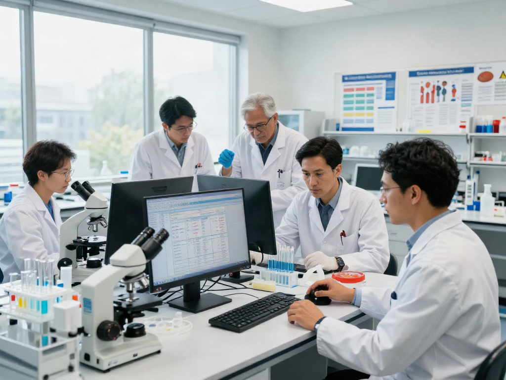 Tirzepatide research California - Diverse scientists collaborating in a bright, modern lab focused on obesity studies.