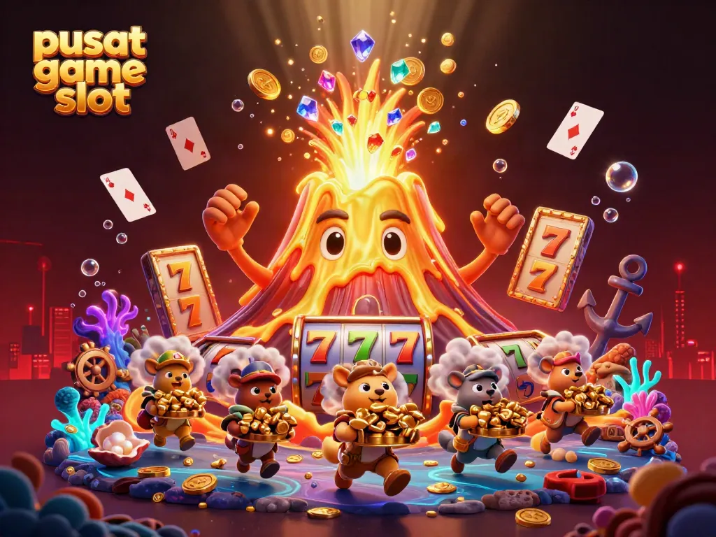 Engage with the pusat game slot experience through a vibrant 3D illustration filled with treasures, action, and casino elements.