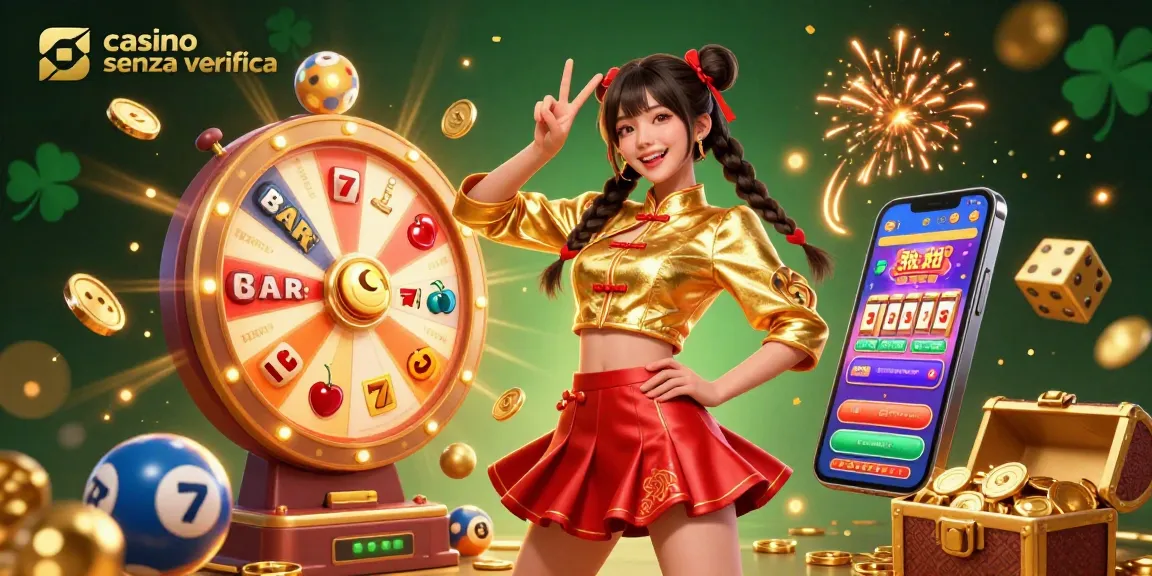 Vivi l'emozione dei casino senza verifica con una vivace scena 3D che presenta una gioiosa donna asiatica tra elementi di gioco colorati e jackpot.