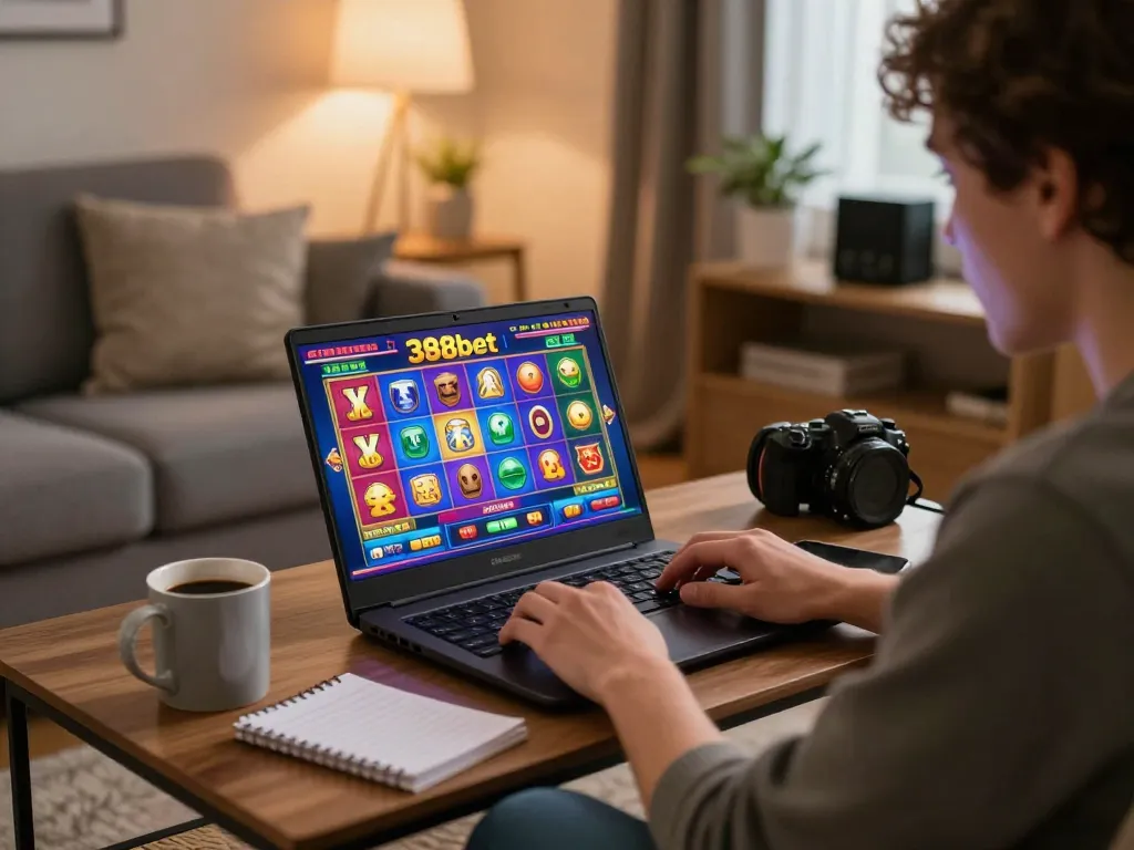 Player enjoying 388bet slot game on laptop in a cozy living room, focused on dynamic gaming experience.