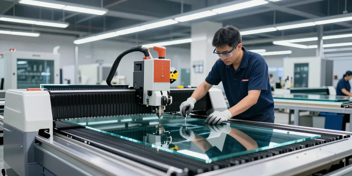Technician using cutting machine glass in a modern industrial workshop.