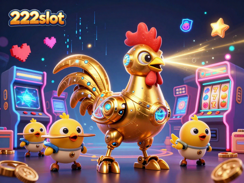 Permainan slot online 222slot dengan robot ayam emas dan drone penuh warna yang seru.