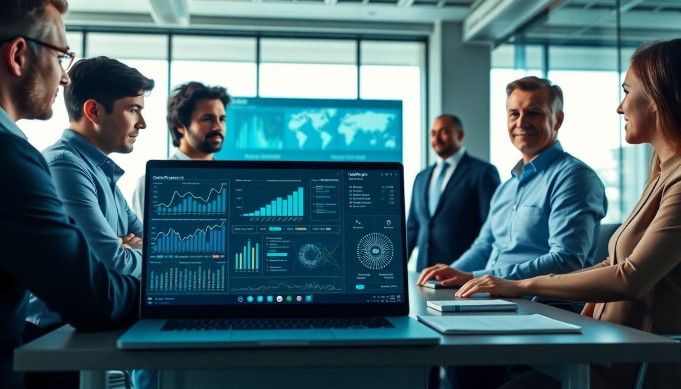Team analyzing AI for competitive intelligence data in a modern office.