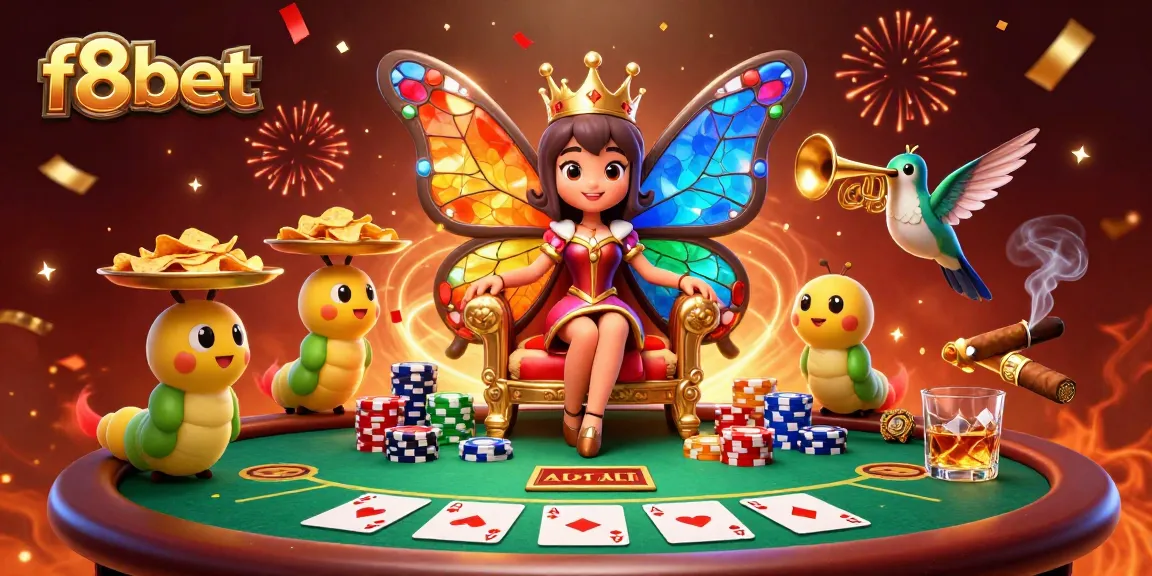 Engage with f8bet's vibrant gaming scene featuring a butterfly queen and poker elements.