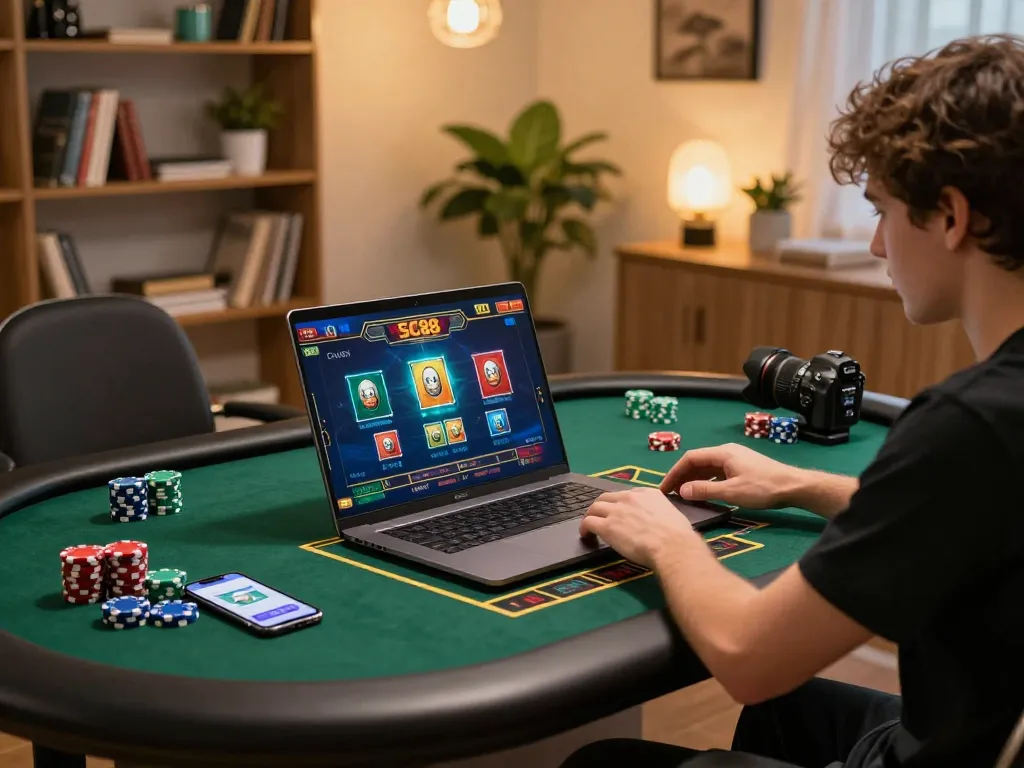 Engaging in online gaming at SC88 with chips and smartphone in a cozy setup.