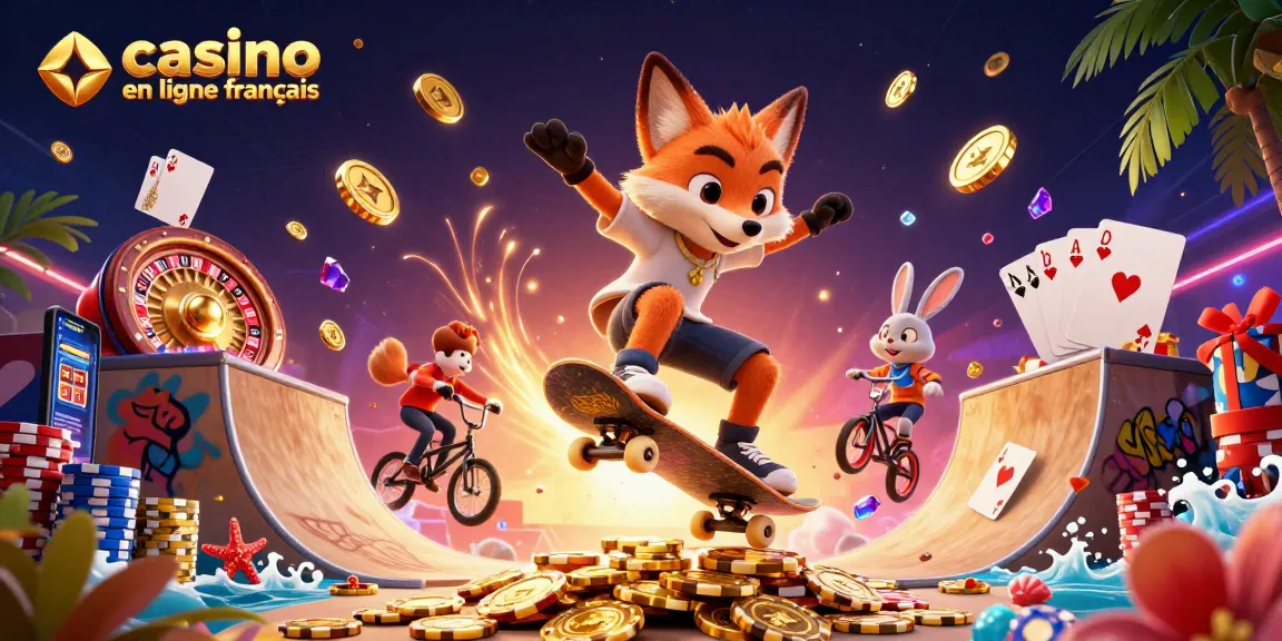 Vivez des jeux palpitants avec casino en ligne français alors qu'un renard 3D réalise des tours au milieu de pièces d'or et de jetons de poker.