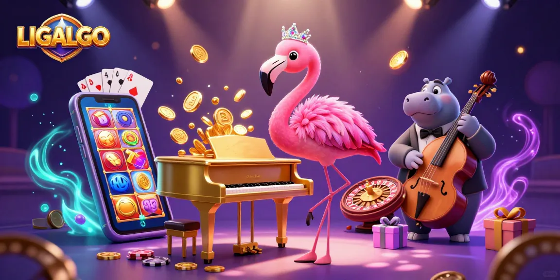 LIGALGO showcases a vibrant gaming atmosphere featuring a flamboyant flamingo singer and hippo bassist amidst colorful slot games.