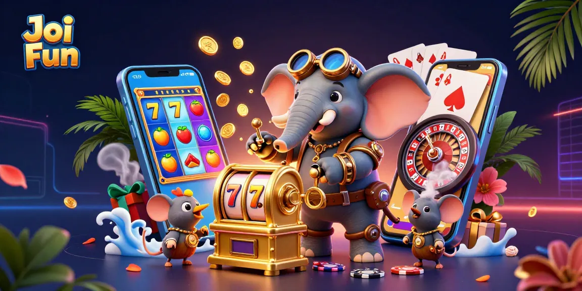 Engage in Joi Fun with thrilling slot action featuring colorful reels, golden coins, and vibrant characters.