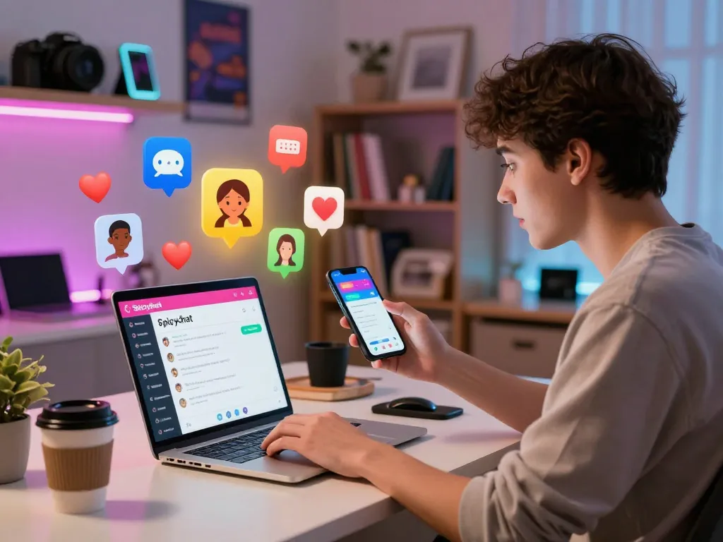 Interactive spicychat scene with user engaging in digital communication at a vibrant workspace.