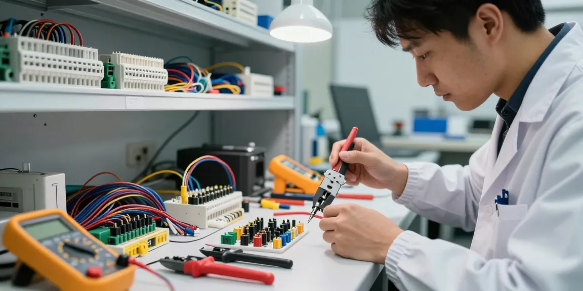 Technician crimping crimp connectors on an engineering workstation filled with tools and electronic components.