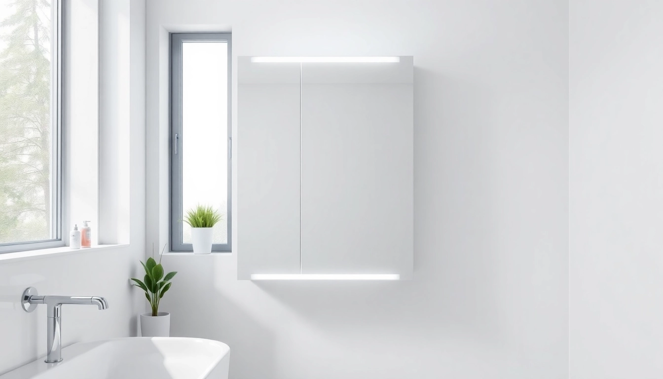Explore a stylish bathroom cabinet with mirror and light perfectly illuminated in a modern setting.