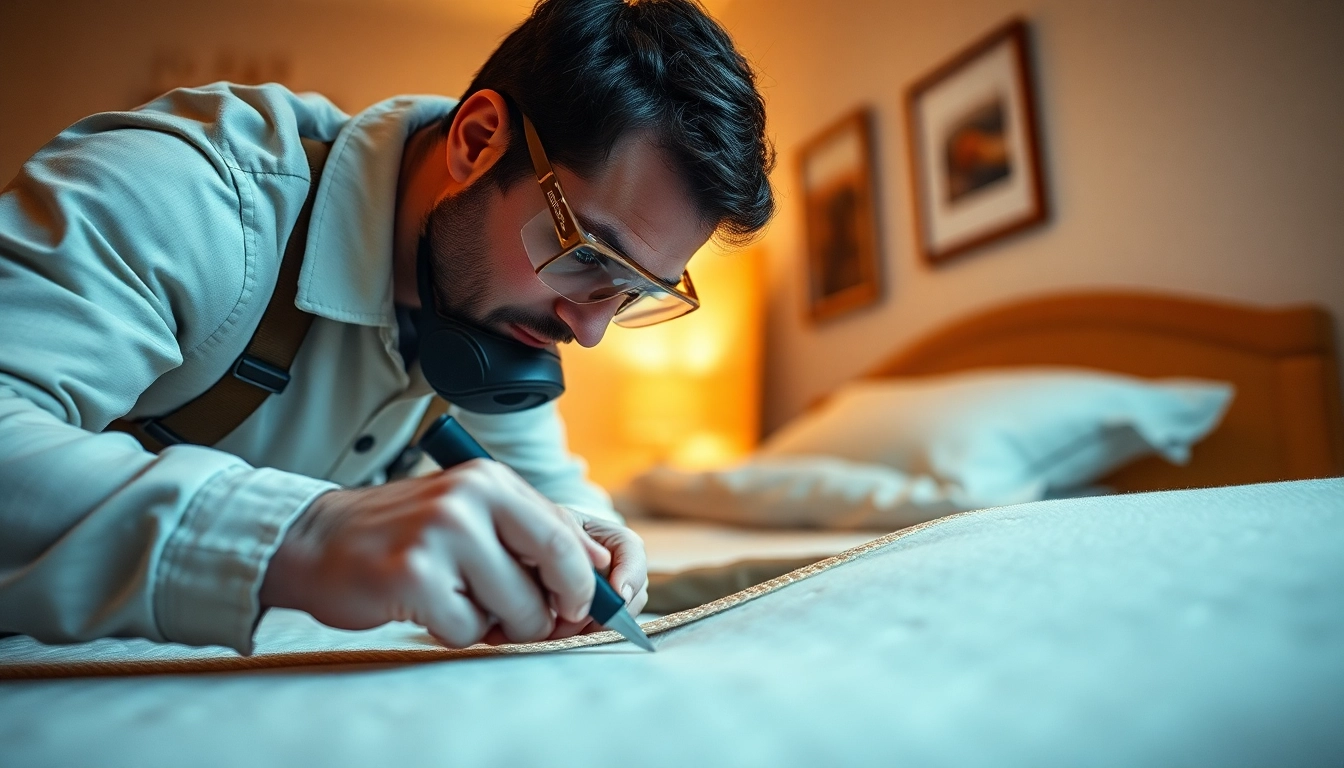 Exterminator performing bed bug pest control in a cozy bedroom environment, ensuring thorough inspection.