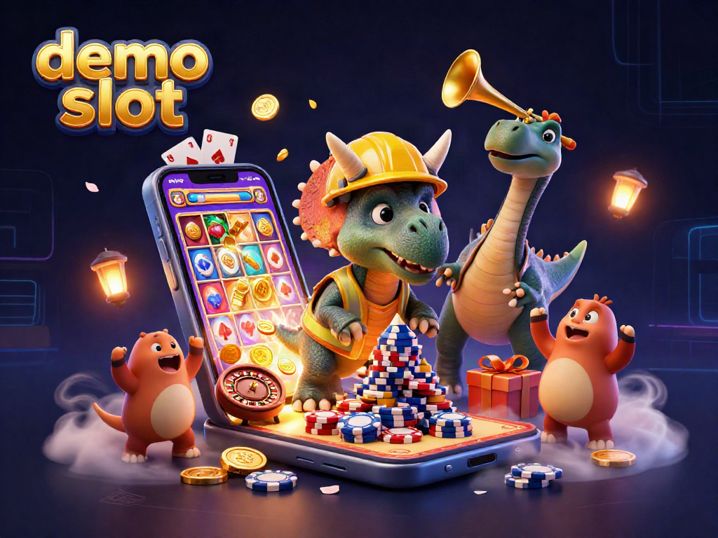 Engage with the demo slot experience as a triceratops builds poker chip pyramids amidst vibrant casino elements.