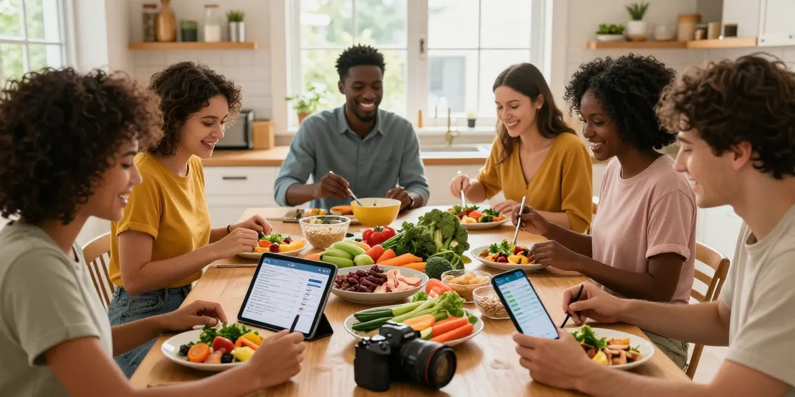 Friends using the best macro tracking app while cooking healthy meals together in a warm kitchen.