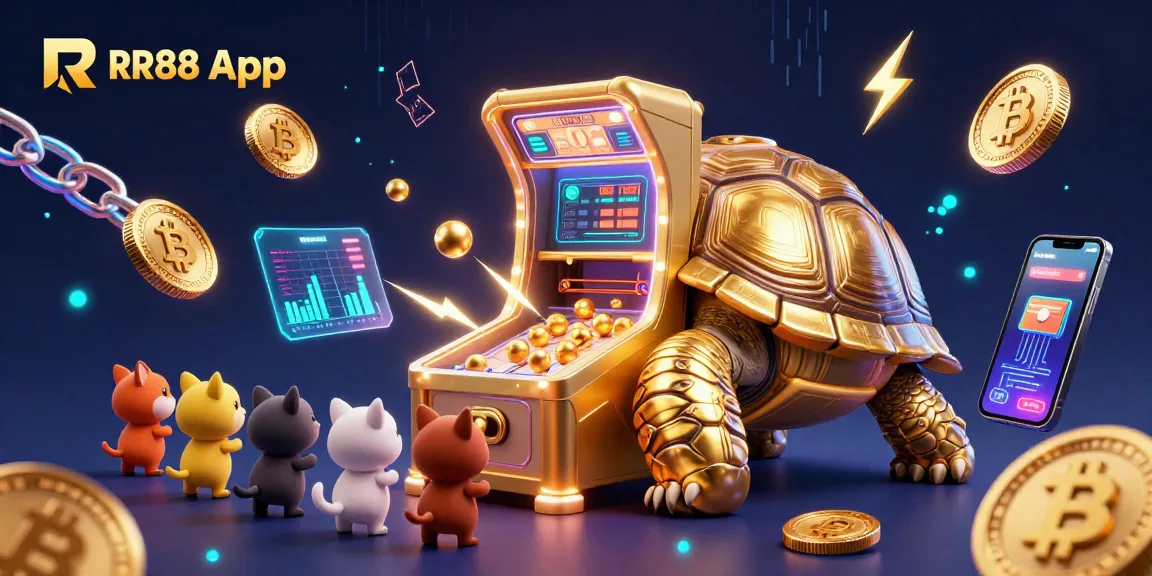 Experience excitement with the RR88 App, featuring a dynamic casino scene and crypto elements.
