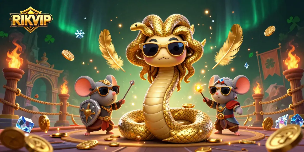 Engage with RIKVIP's captivating online casino scene featuring Medusa and warrior mouse amidst dynamic game elements.