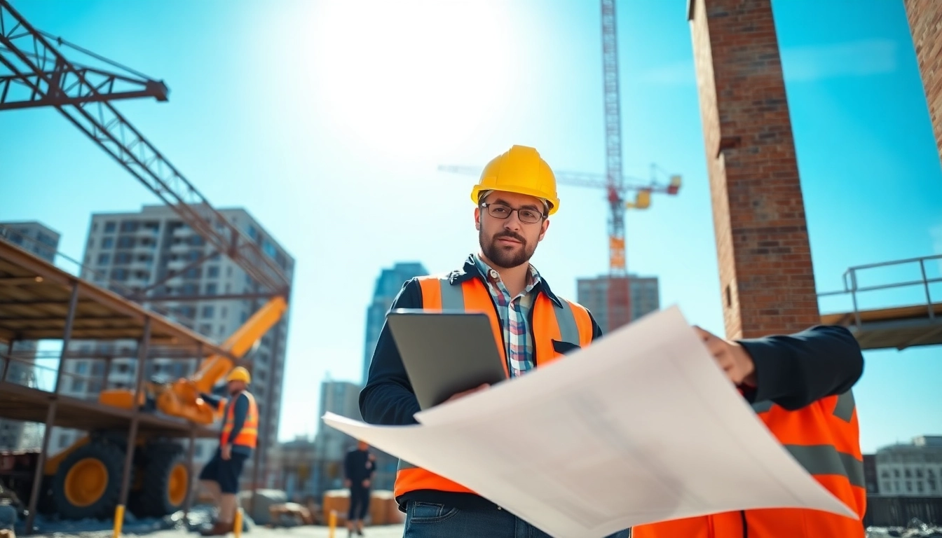 New Jersey Construction Manager analyzing blueprints amidst an active construction site.