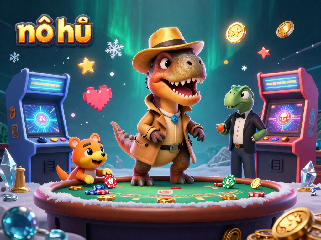 Experience nổ hũ excitement with cartoon dinosaurs in a dynamic casino scene full of energy and colorful gaming elements.