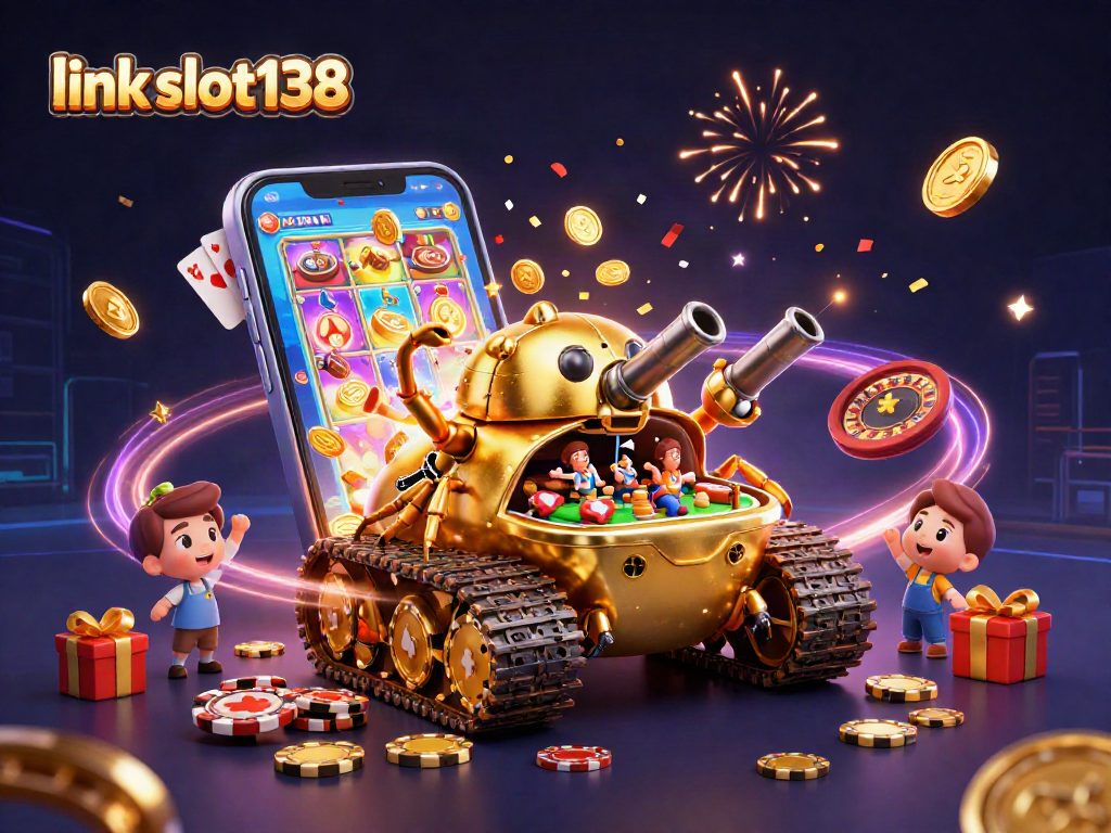 Experience link slot138 with a dynamic golden beetle tank casino, confetti, and exciting game elements.