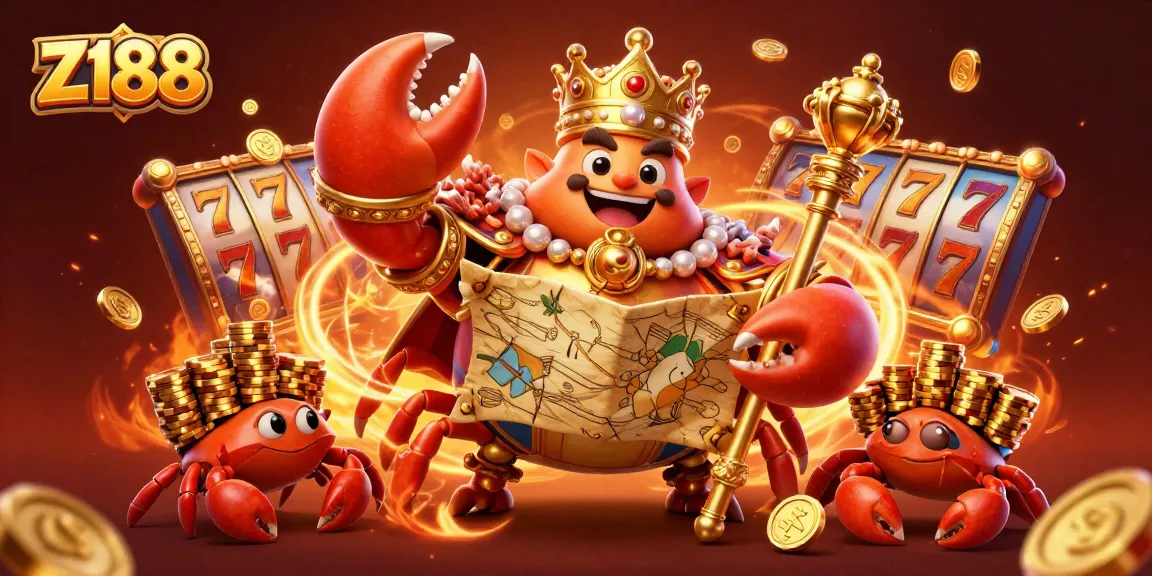 Z188 players immerse in a vibrant 3D casino adventure with golden crab emperor and treasure-filled slots.
