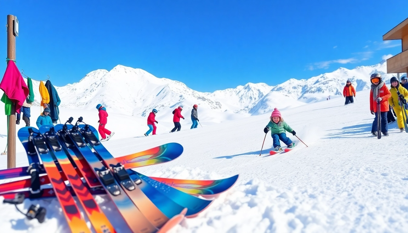 Children ski rentals showcased with joyful kids on the slopes enjoying their winter adventure.