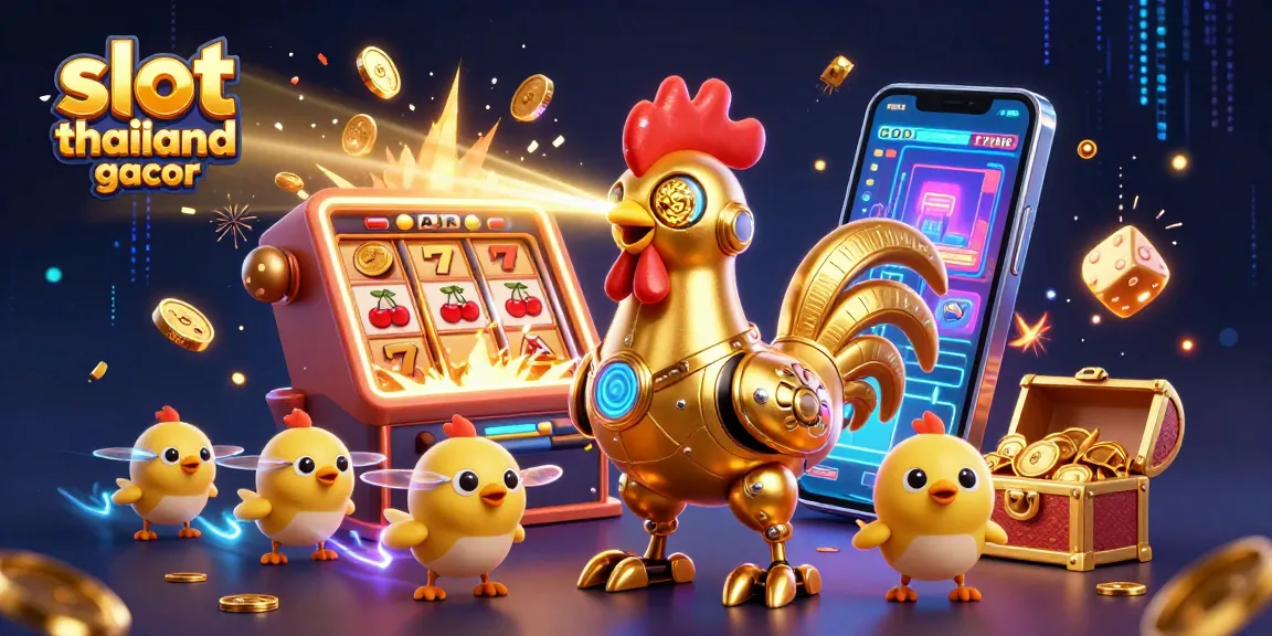 Experience thrilling action with slot thailand gacor, featuring a 3D golden rooster shooting lasers in a vibrant online casino scene.
